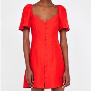 Red Zara Button Down Puff Sleeve Mini Dress XS